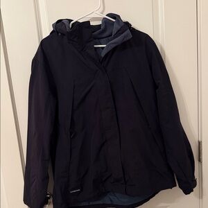 Lands End Large Navy raincoat; hood, lined, zip pockets, inside pocket, snap zip